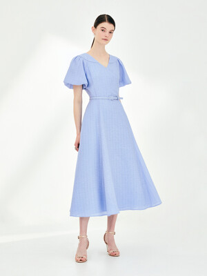KINSLEY Volume sleeve wrap detail dress (Cornflower blue)
