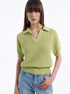Half Open Collar Knit Top[LMBCSPKN174]-Yellow Green