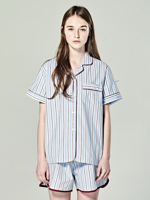 (W) Short Sleeve Pajama Set Ticking Stripe
