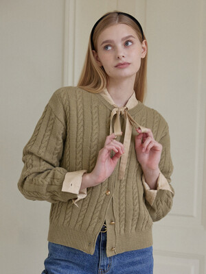 Wool Cable Knit Cardigan - Olive Green