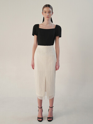 ELDORA Chiffon layered H-line lace long skirt (Ivory/Peach pink)