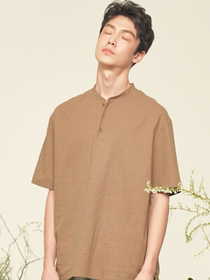 LINEN HENLY NECK SHIRTS , brown