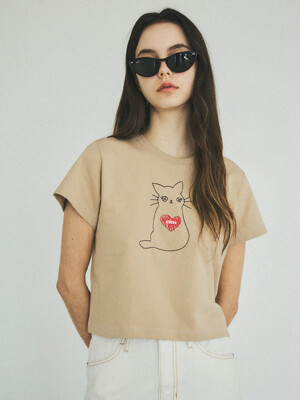 Love Cat Needle Stitch Crop T-shirt _CTT313(Beige)