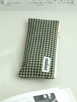 ouior flat pencil case - corduroy green check(topside zipper)