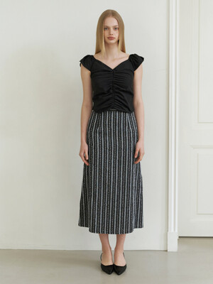 lace denim long skirt - black