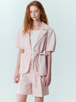 Volume sleeve linen belted jacket_Pink