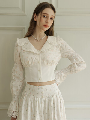 Cest_Floral lace puff sleeve shirt