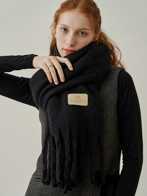 Simple patch wool long muffler - black