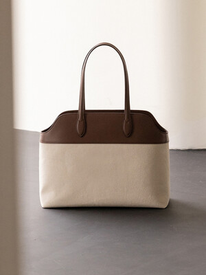 Italy Leather mixed Canvas Big Shoulder Bag_ Ecru
