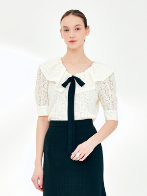 SALLY Flared collar ribbon detail lace blouse (Ivory)