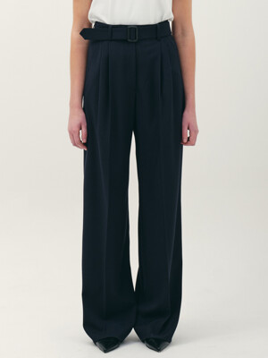belted wide leg pants_navy