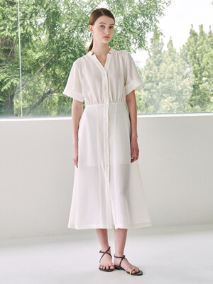 Stand Collar Shirring Dress - White