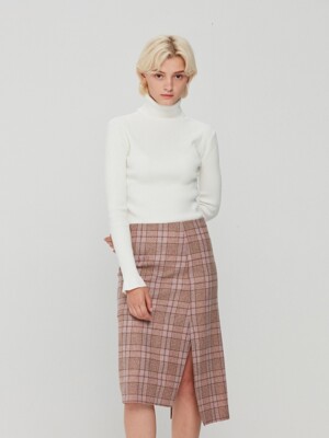 Wool Blend Assymetric Big Pocket Skirt Pink Check