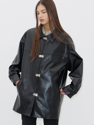 FAUX-LEATHER HALF COAT(BLACK)