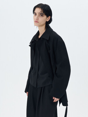 BELTED OVERSIZED HALF COAT JACKET(BLACK)