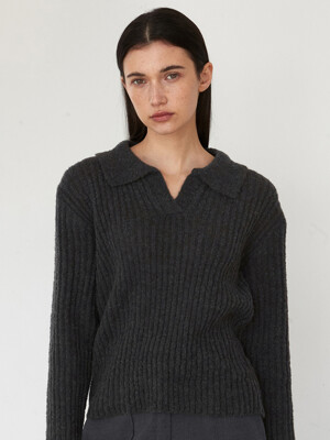 OU1001 wool boucle collar knit (charcoal)