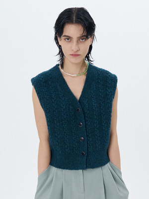 TWISTED CROPPED KNIT VEST(D.GREEN)