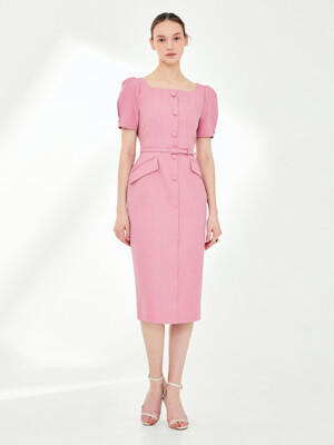 EMILY Square neck H-line dress (Rouge pink/Mint)