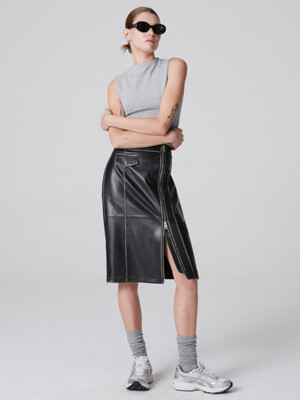 European Lambskin Sanding long skirt_Black