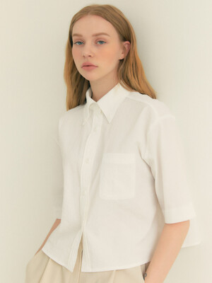 Stripe Wrinkle Pocket Crop Shirt (White)