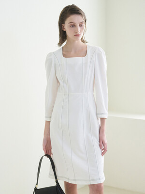 Square Neck Stitch Dress - White