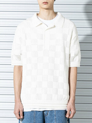 CHECKERBOARD MESHED KNIT HALF SHIRTS MSTNT003-CR