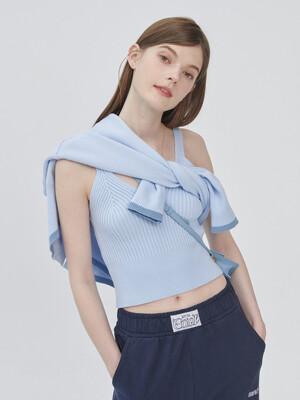Color-blocked cardigan & sleeveless knit set - Sky blue