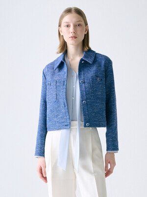 Detachable Collar Tweed Jacket_NAVY MULTI