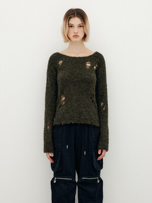 DESTROYED POINT BOUCLE LOOSE KNIT TOP - KHAKI