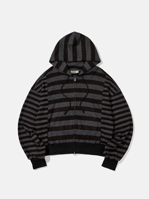 Striped knit hoodied zip up / Black charcoal