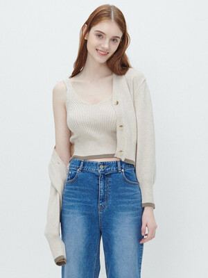 Color-blocked cardigan & sleeveless knit set-Beige