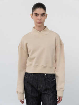 cotton half-neck short sweatshirt (beige)