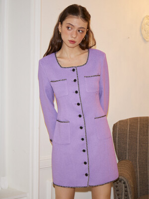 Square Neck Tweed Jacket Dress_ Purple