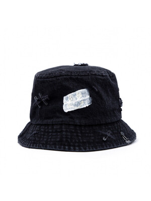 BBD Ripped Custom Smile Logo Denim Bucket Hat (Black)