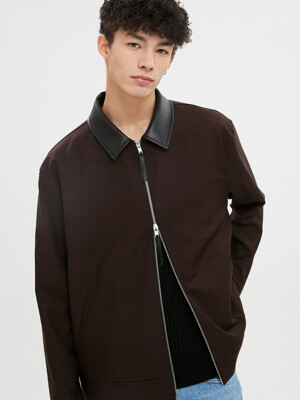 UNISEX, Leather Collar 2-Way Zip Shirt Jacket / Dark Brown