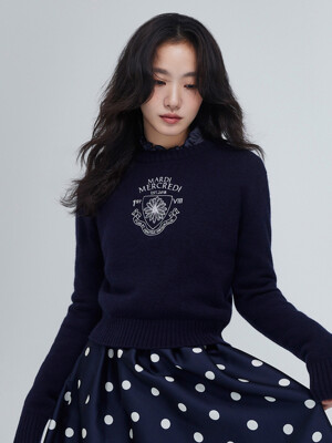 CASHMERE CROPPED PULLOVER ALUMNI SMALL EMBLEM_NAVY BEIGE