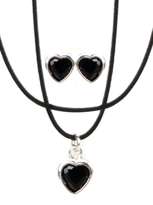 [SET][Silver925] SDJ001 Mini Black Heart Earrings & Necklace Set