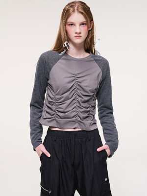 Knit Shirring Long Sleeve T-Shirt, Charcoal