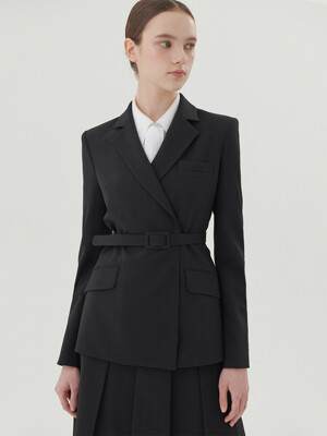 BELTED DOUBLE BREASTED JACKET - BLACK