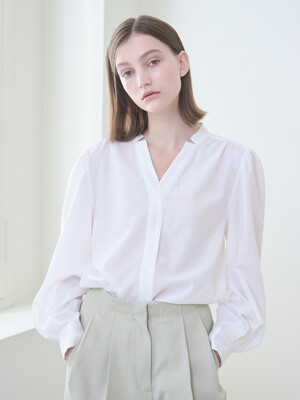 Stand Collar Shirring Blouse - Ivory