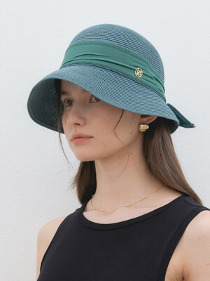 ribbon bucket raffia hat (C045_blue green)