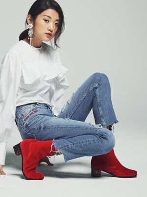 레드 벨벳 앵글부츠 Velvet angle boots Red