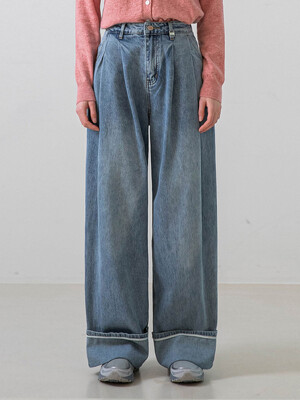 Roll-up Wide Cotton Pants (Light blue)