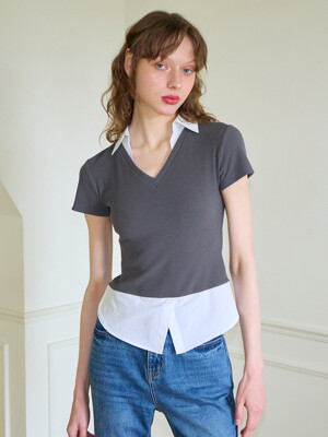 Shirt Detail V-neck Short Sleeve T_ Gray