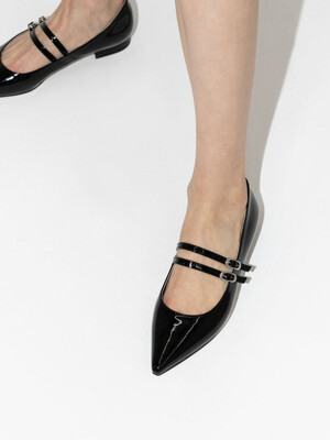 Cassata Double Strap Maryjane Flat Shoes in Black Patent