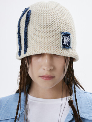 DENIM PATCHED KNIT BEANIE - IVORY