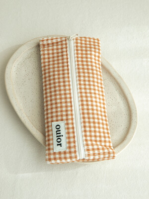ouior flat pencil case - corduroy brown check(middle zipper)