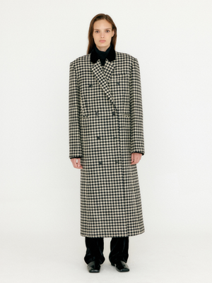 VELLY Double-Breasted Gingham Coat - Black/Ivory Check