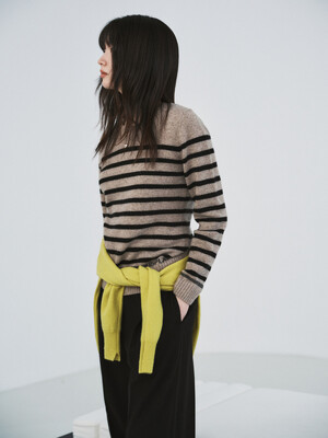 CASHMERE10 STRIPE LOGO KNIT TOP_BEIGE