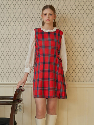 RED CHECK PLEATS DRESS